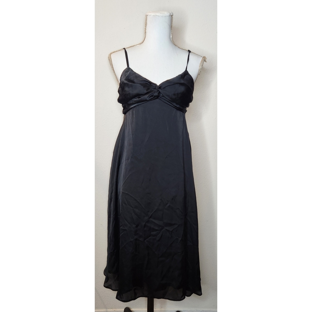 Khaki Krew Womens Large Simple Black Satin Prom Evening Dress Midi Ruched